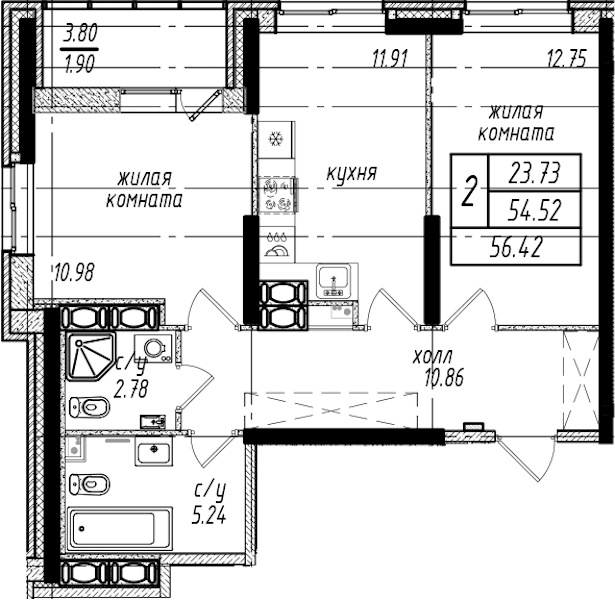 2-комнатная квартира 56.42 м², 23/25 эт., ЖК «Северная Долина»
